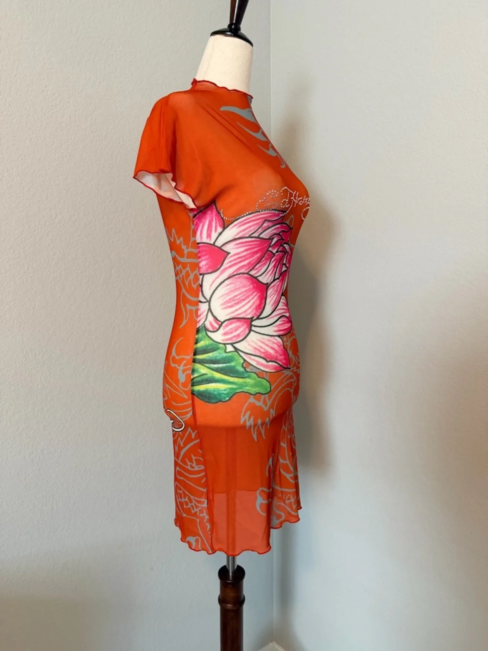 Ed Hardy Lotus Dragon Rhinestone Mesh Cover Up Mini Dress - Orange Combo - Picture 4 of 10